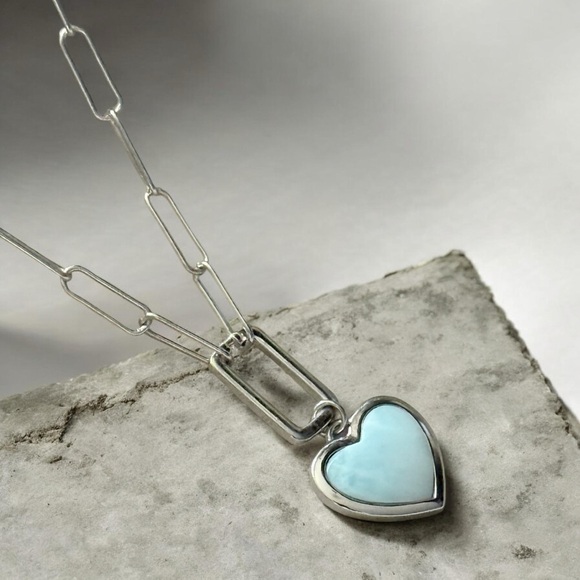 NWT Natural Larimar 925 Sterling Silver Heart Paperclip Chain Necklace! NEW! - Picture 4 of 8
